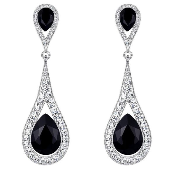 Silver with Black Onyx and White Diamond Austrian Crystal Dual Teardrop Earrings